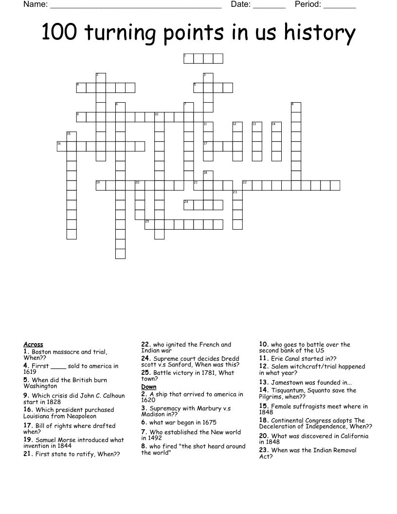 100 Turning Points In Us History Crossword WordMint