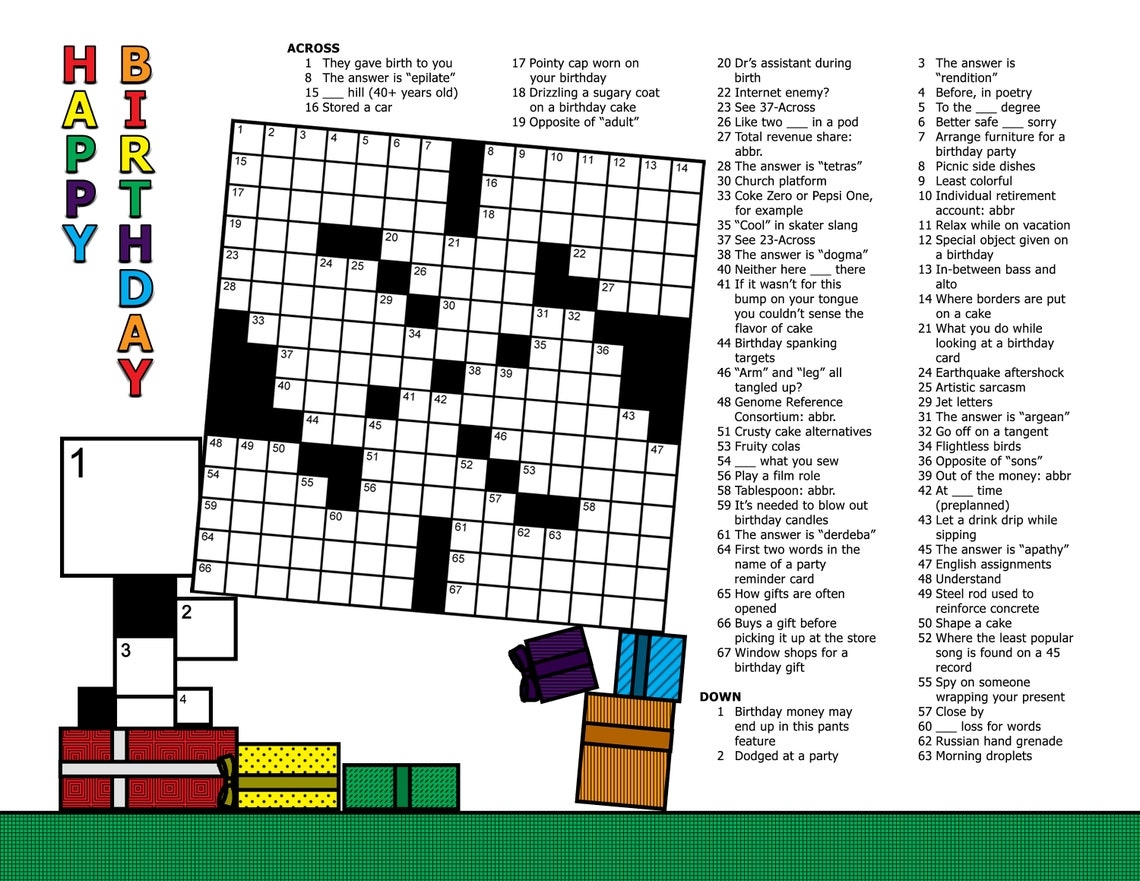 Birthday Crossword Puzzle 70 Clues Colordigital DOWNLOAD Etsy