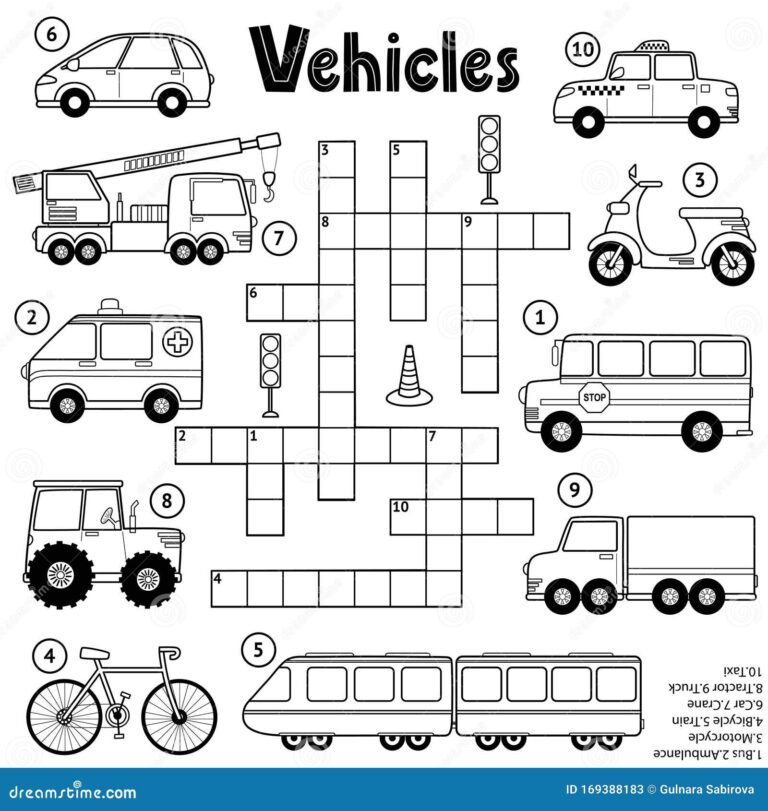 Black And White Crossword Puzzle Game For Kids About Transport Stock 