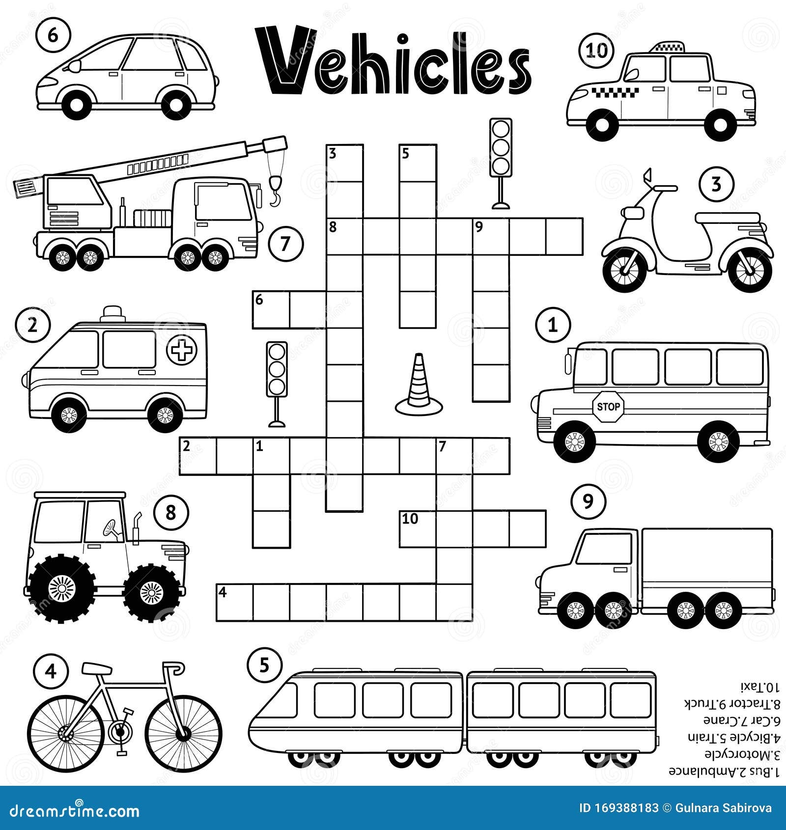 Black And White Crossword Puzzle Game For Kids About Transport Stock