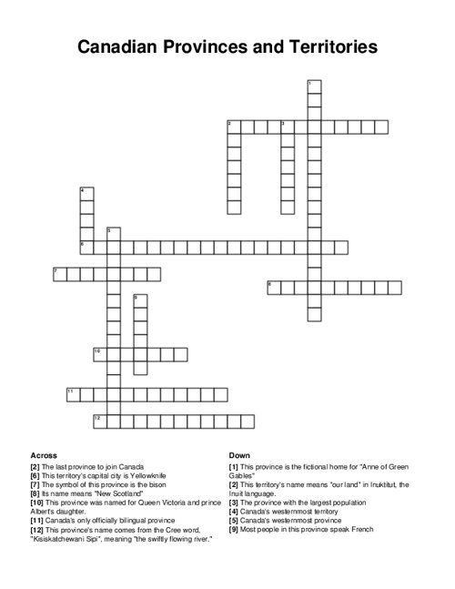 Canadian Provinces And Territories Crossword Puzzle