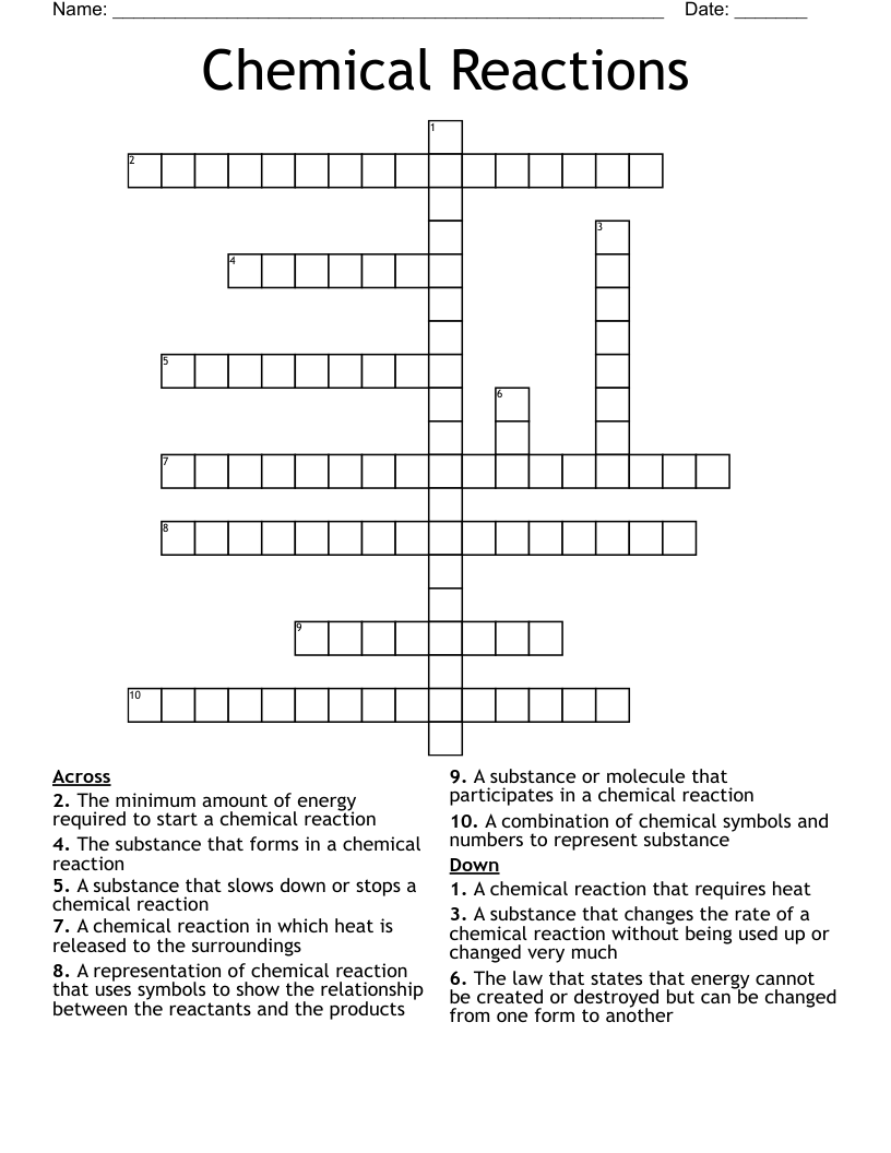 Chemical Reactions Crosswords Printable Free Printable Templates