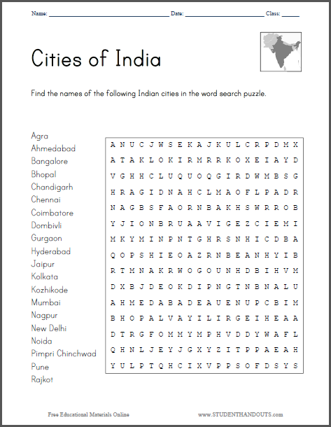 Cities Of India Word Search Puzzle Free To Print PDF File