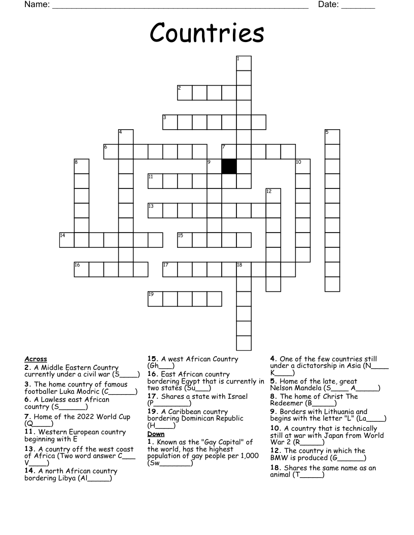 Crossword Puzzle Countries Printable