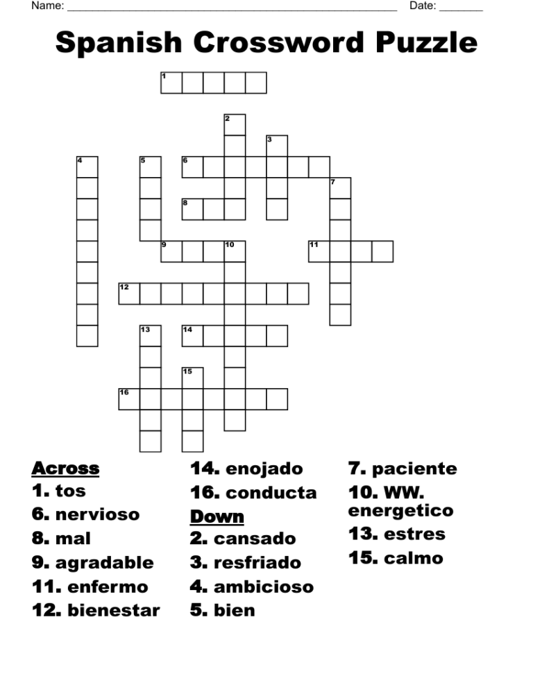 Crossword Puzzles In Spanish Printable