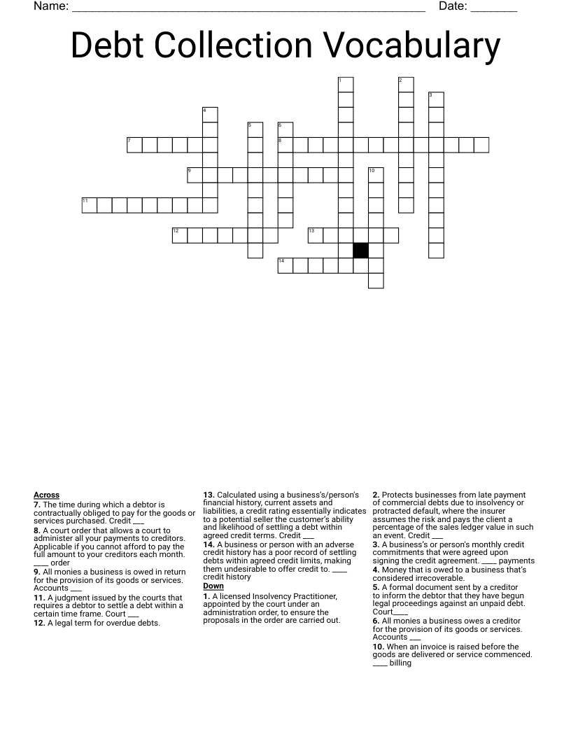 Debt Collection Vocabulary Crossword WordMint