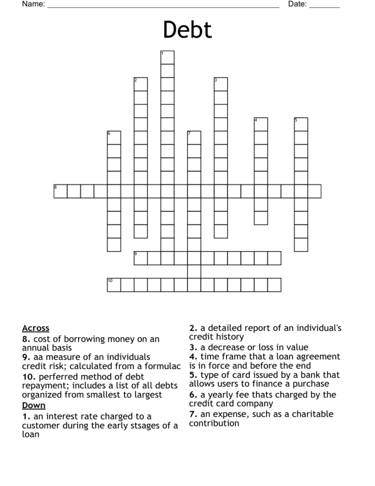 Debt Crossword WordMint