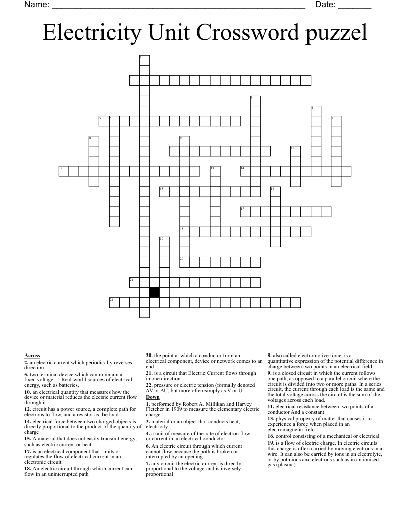 Electricity Unit Crossword Puzzel WordMint