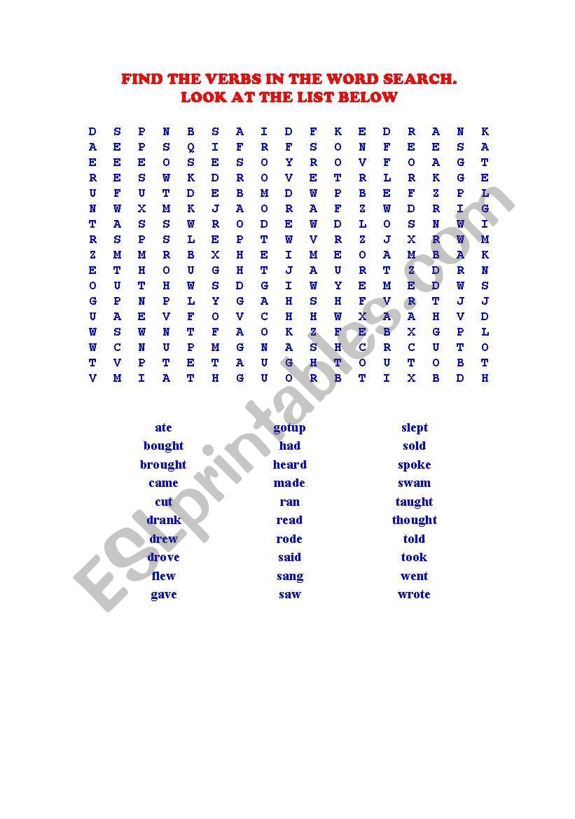 English Worksheets Verbs In Past Crossword Puzzle And Word Search