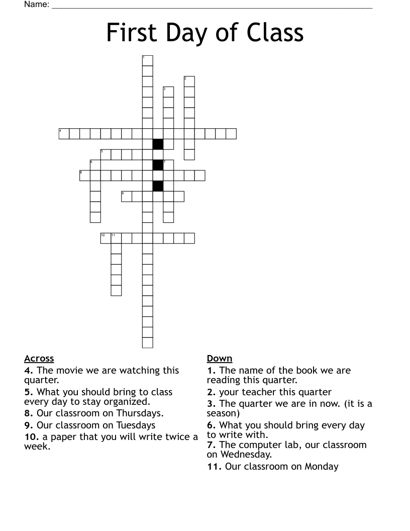 First Day Of Class Crossword WordMint