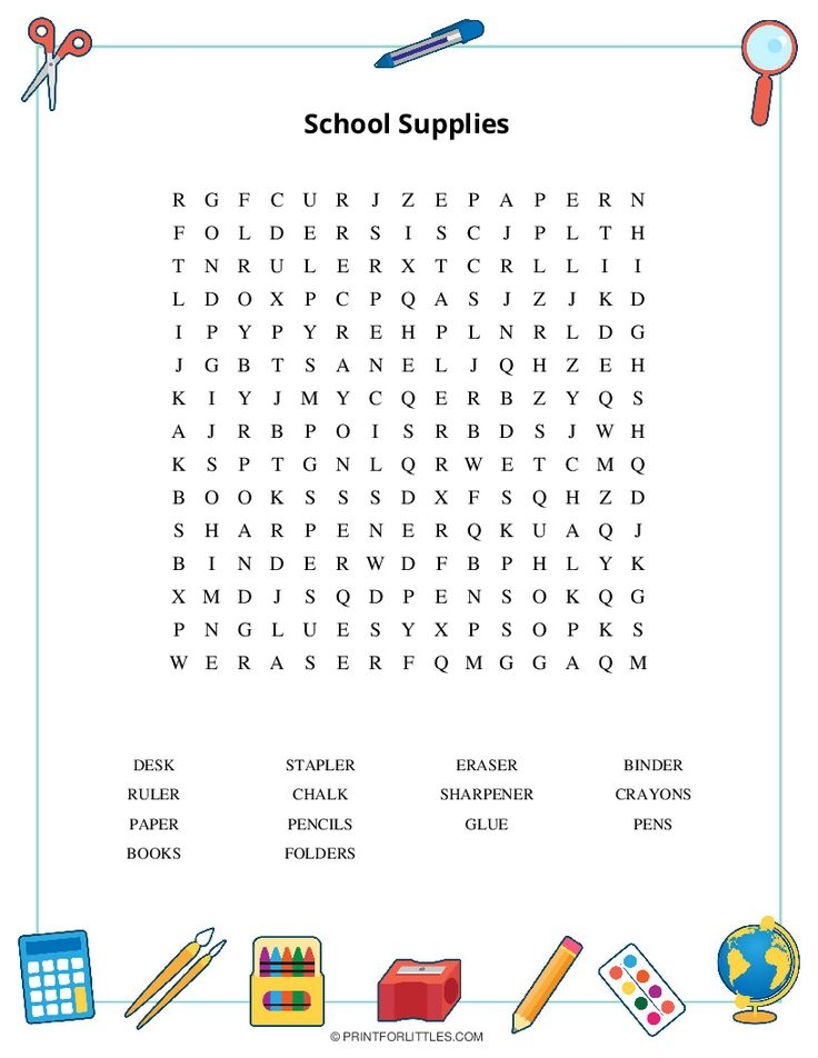 Free Printable School Supplies Word Search Puzzle Download Or Play