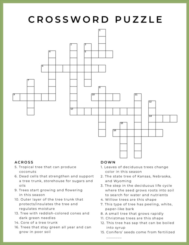 FREE Printable Trees Crossword Puzzle Study Printables Nature Study 