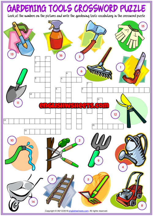 Gardening Tools ESL Printable Crossword Puzzle Worksheet