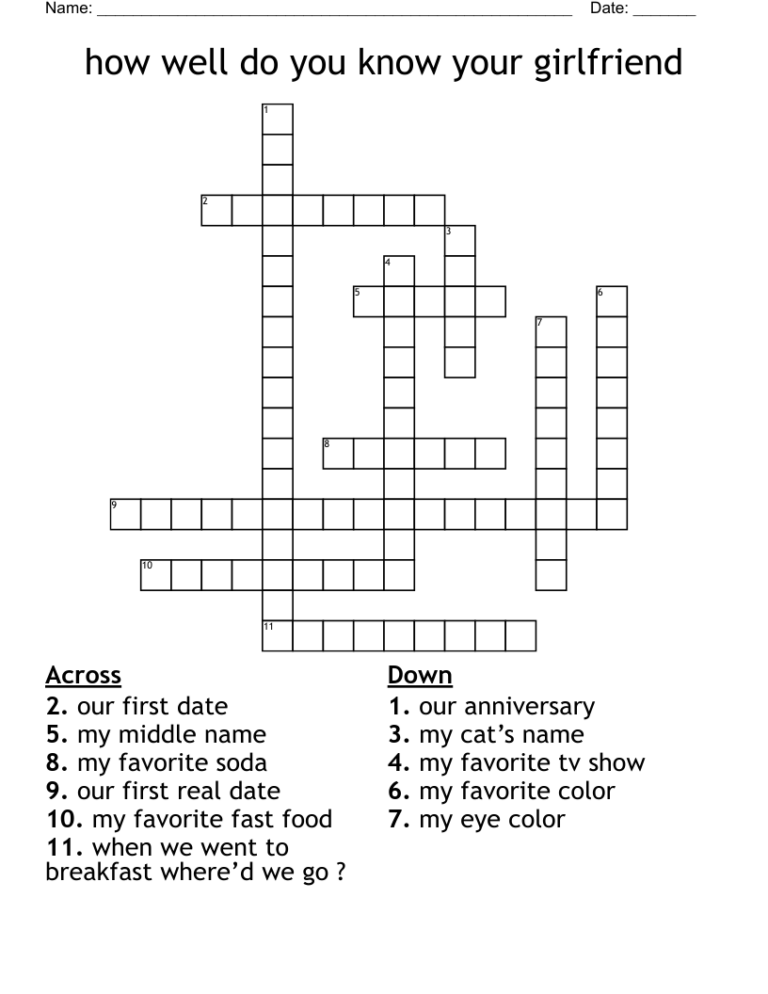 How Well Do You Know Your Girlfriend Crossword WordMint