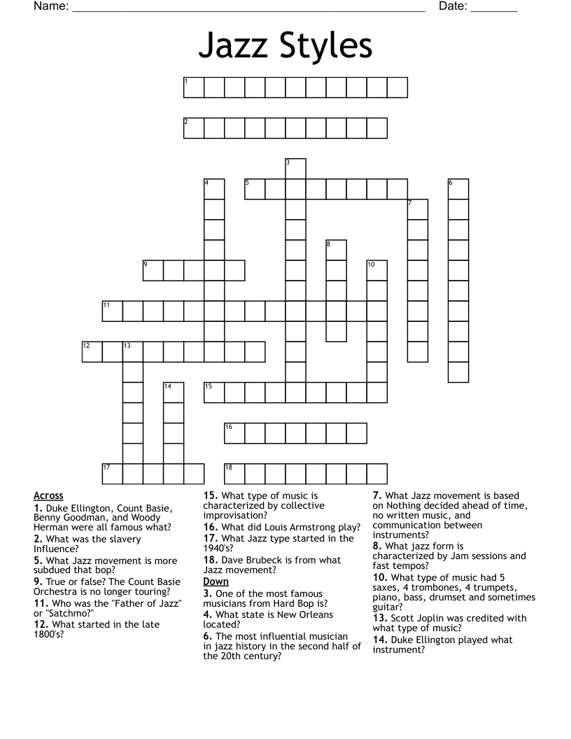 Jazz Styles Crossword WordMint