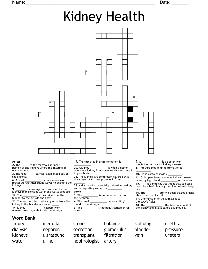 Kidney Health Crossword WordMint