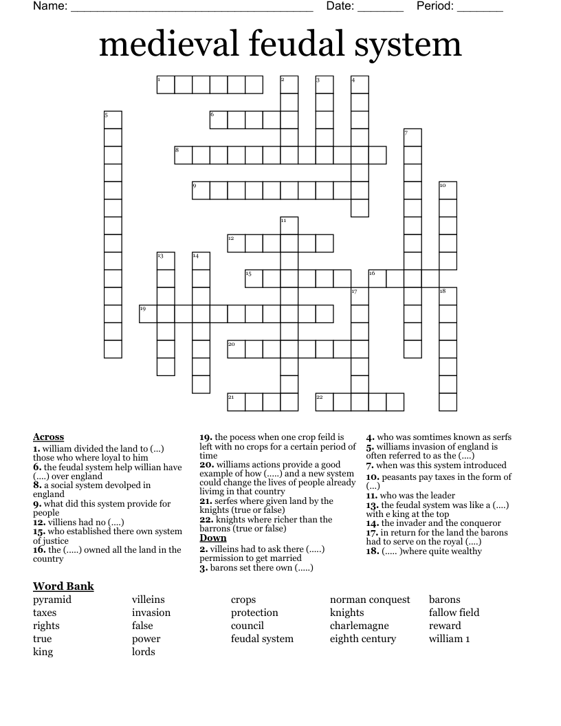 Medieval Feudal System Crossword WordMint