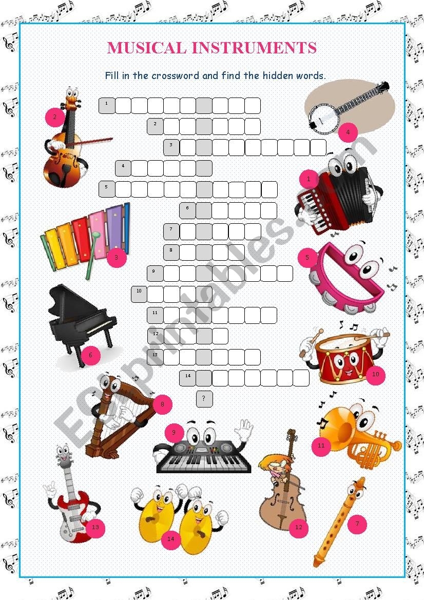 Musical Instruments Crossword Puzzle ESL Worksheet By Kissnetothedit