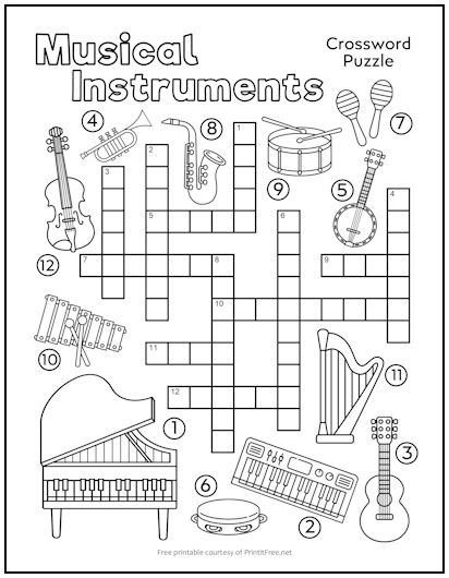 Musical Instruments Crossword Puzzle For Kids Print It Free