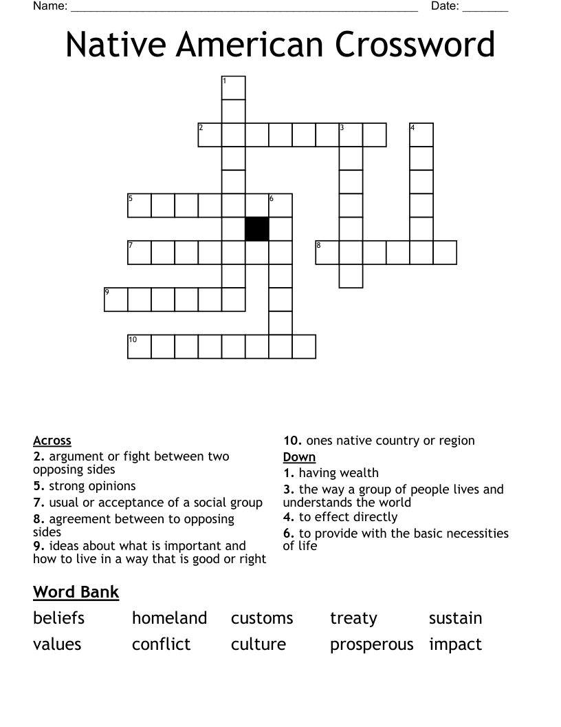 Native American Crossword Puzzle Printable