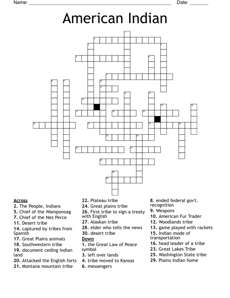 Native American Crossword Puzzle Printable