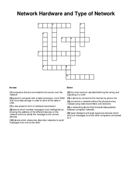 Network Hardware And Type Of Network Crossword Puzzle