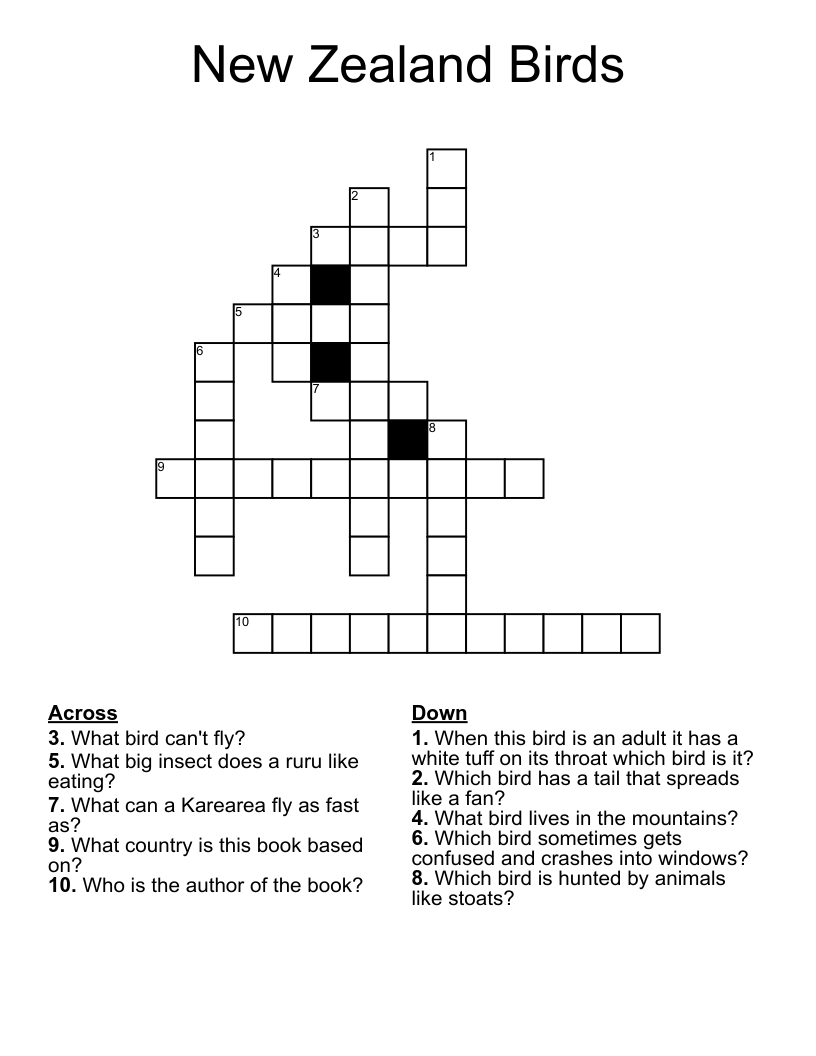 New Zealand Birds Crossword WordMint