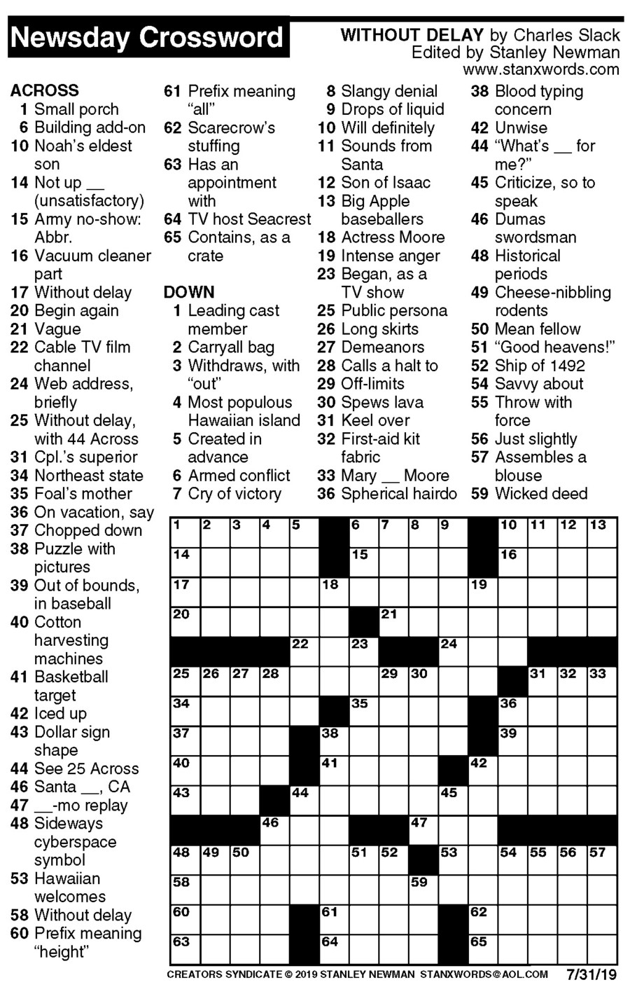 Newsday Crossword Puzzle For Jul 31 2019 By Stanley Newman Creators 