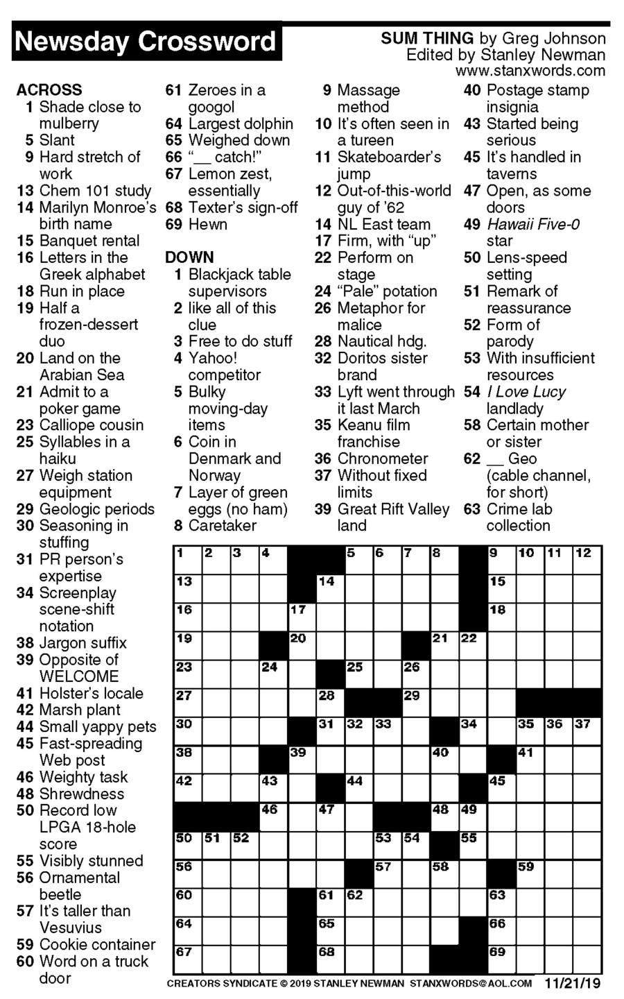 Newsday Printable Crossword Puzzles