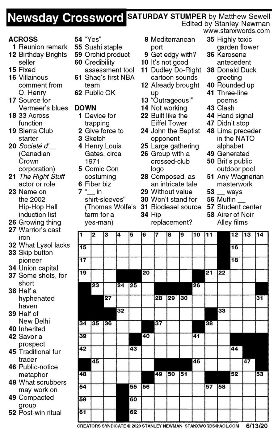 Newsday Printable Crossword Puzzles