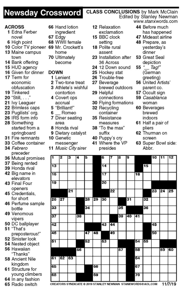 Newsday Printable Crossword Puzzles