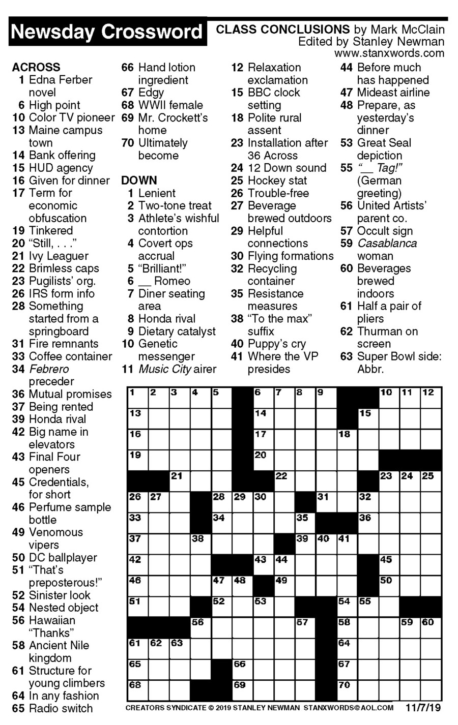 Newsday Printable Crossword Puzzles