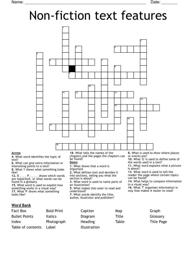 Non fiction Text Features Crossword WordMint