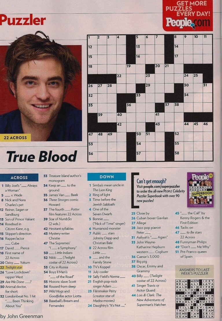 Pattinson Gazette Rob In People s Crossword Puzzle Crossword Puzzles 