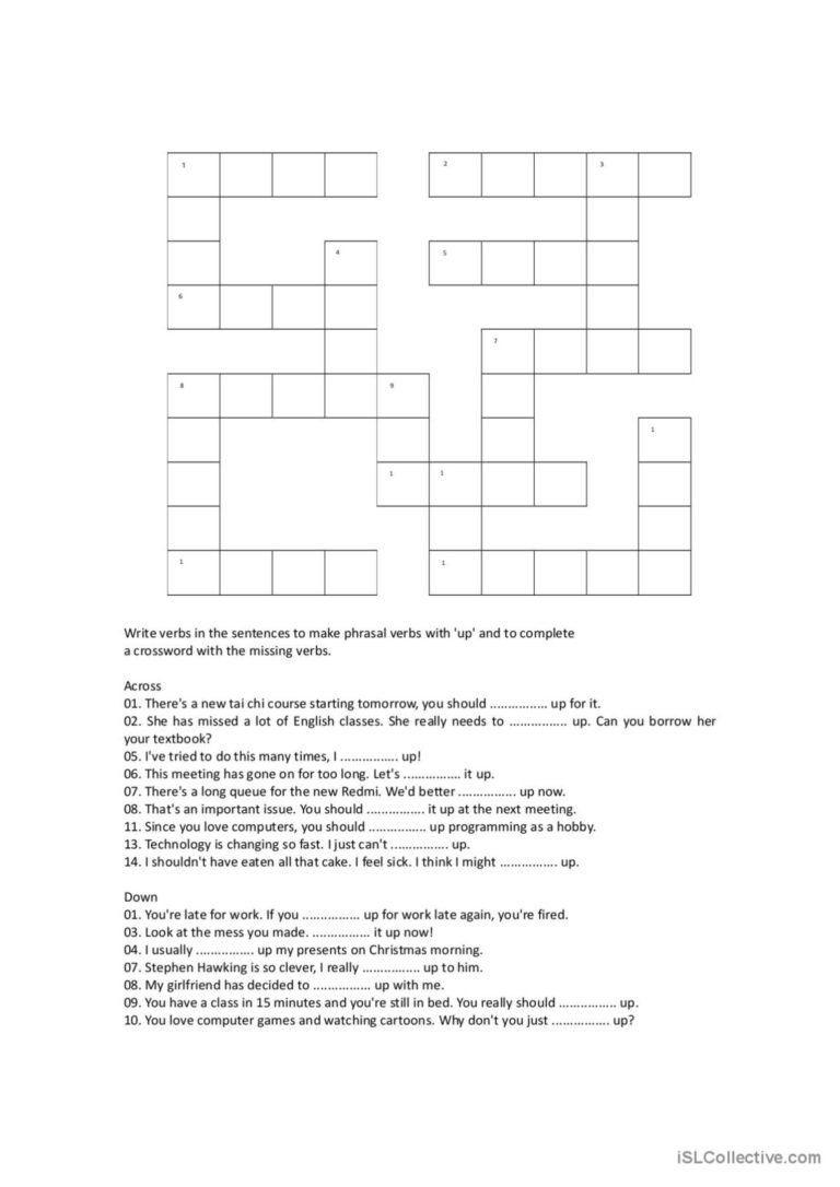 Phrasal Verb With up Crossword English ESL Worksheets Pdf Doc