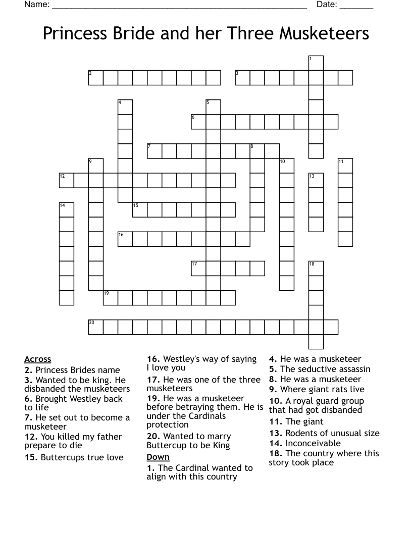 Princess Bride And Her Three Musketeers Crossword WordMint