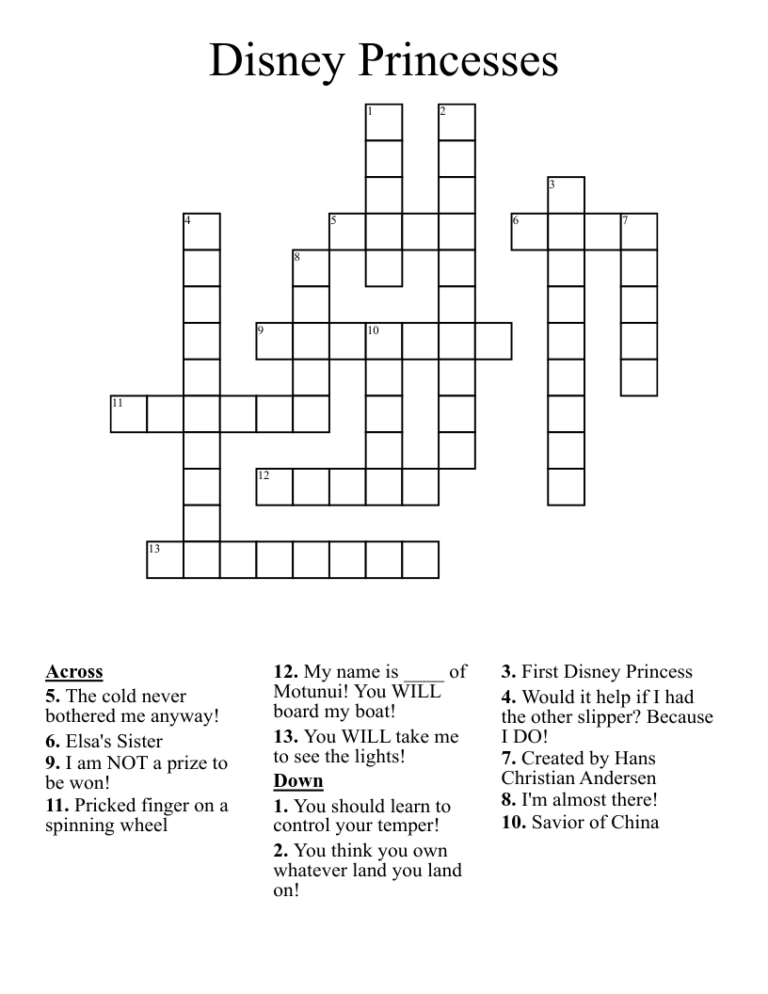 Printable Disney Crossword Puzzles