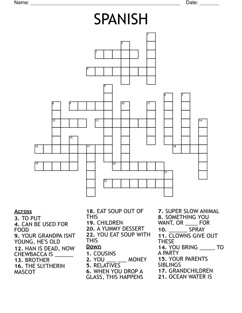 Printable Spanish Crossword Puzzle Answers Printable Crossword Puzzles 