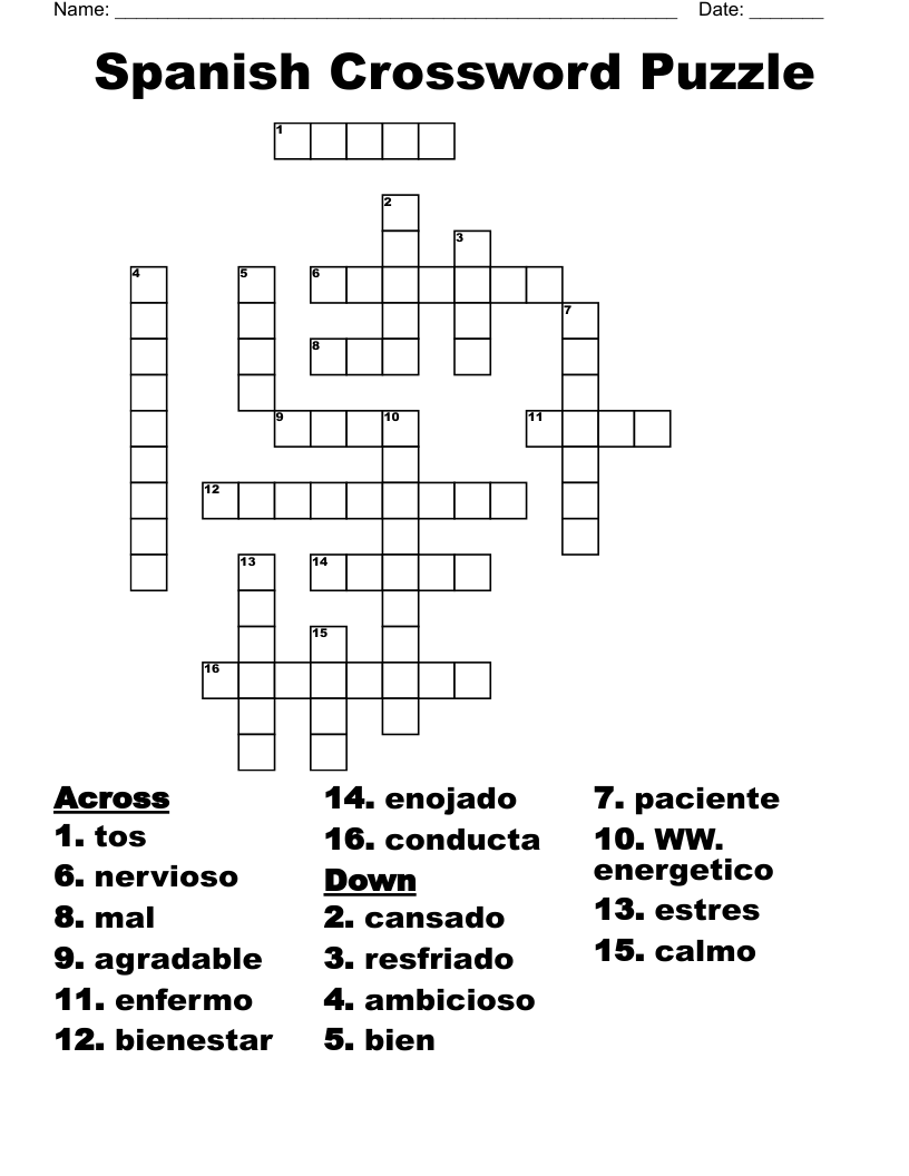 Printable Spanish Crossword Puzzle