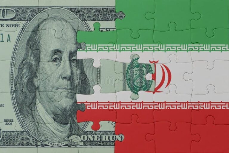 Puzzle With The National Flag Of Iran And Dollar Money Banknote Macro 