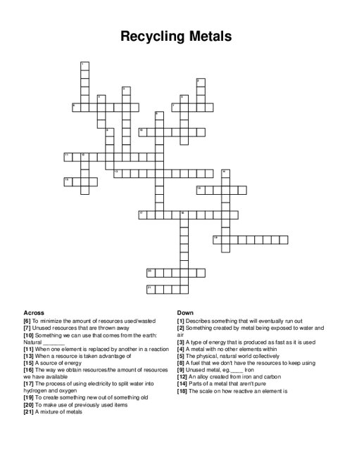 Recycling Metals Crossword Puzzle