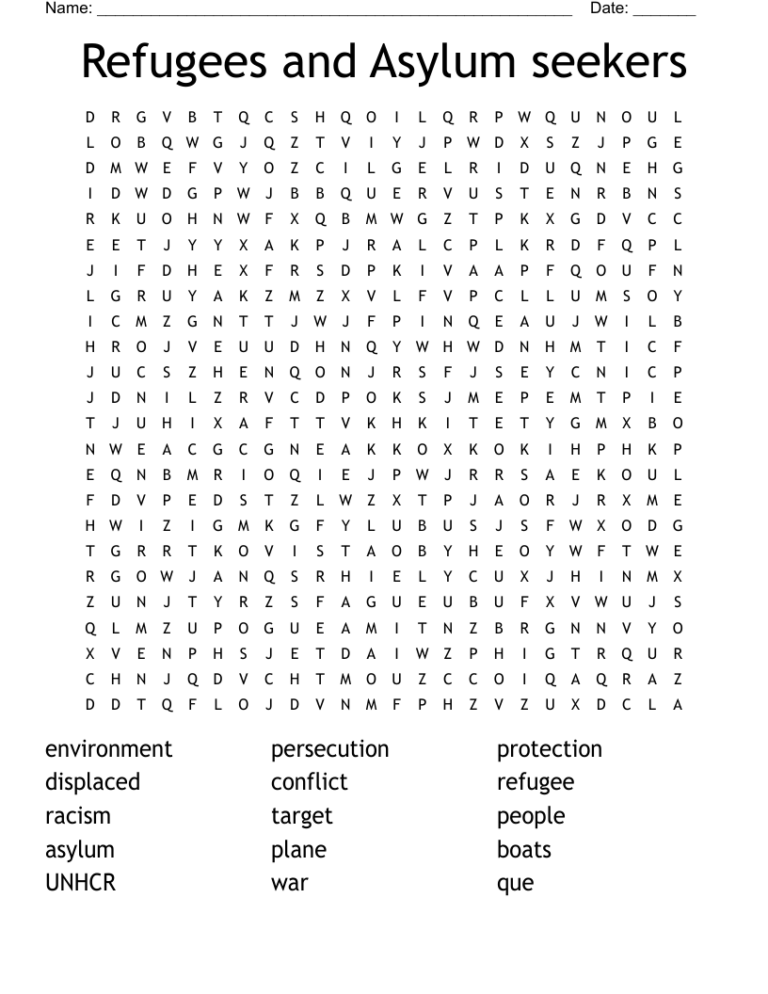 Refugees And Asylum Seekers Word Search WordMint