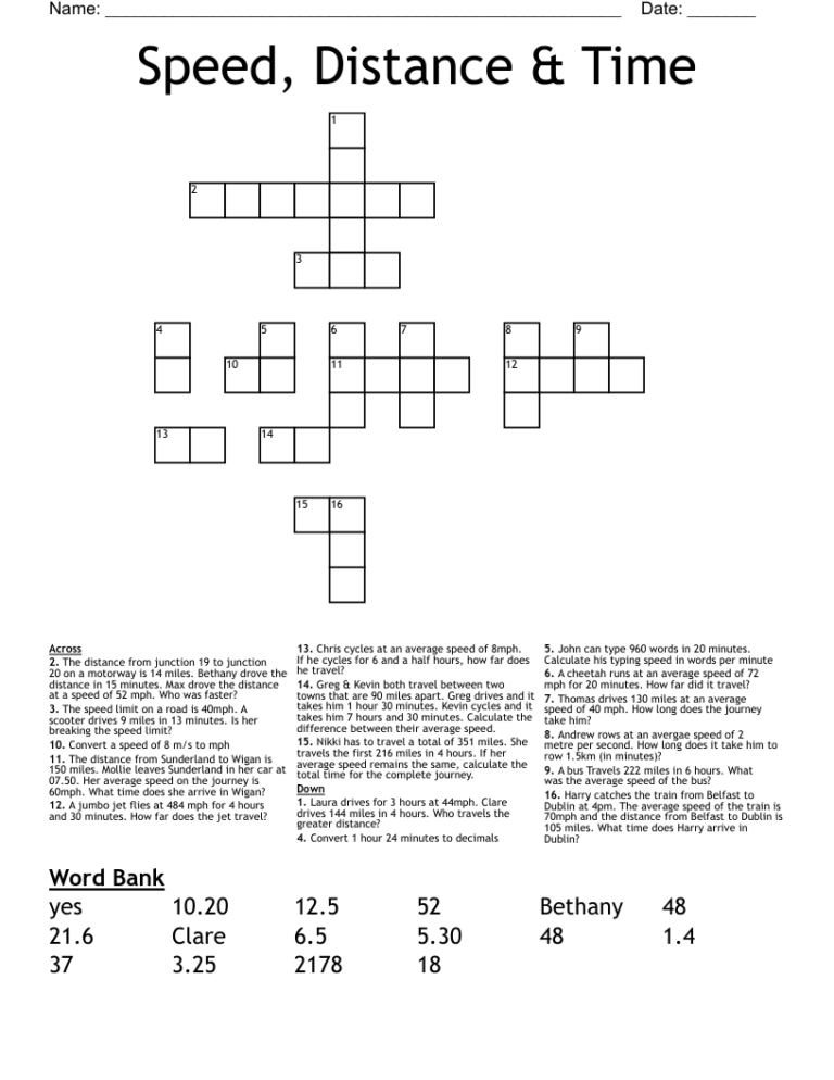 Speed Distance Time Crossword WordMint