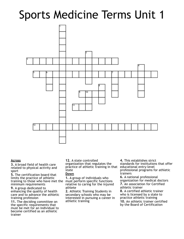 Sports Medicine Terms Unit 1 Crossword WordMint