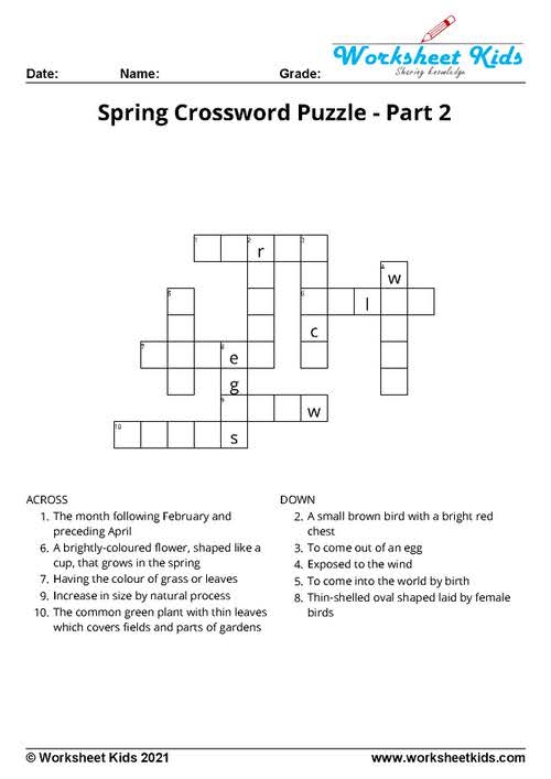 Spring Crossword Puzzle With Clue For Kids Free Printable PDF