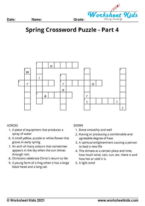 Spring Crossword Puzzle With Clue For Kids Free Printable PDF