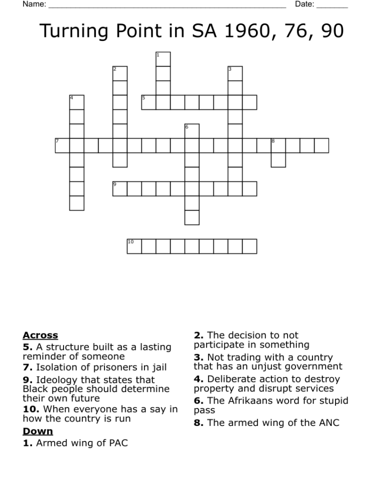 Turning Point In SA 1960 76 90 Crossword WordMint