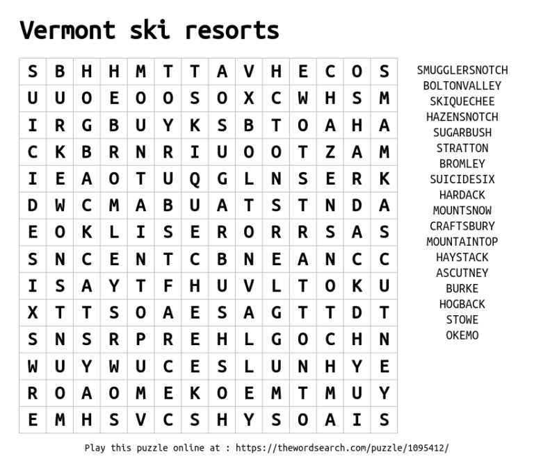 Vermont Ski Resorts Word Search