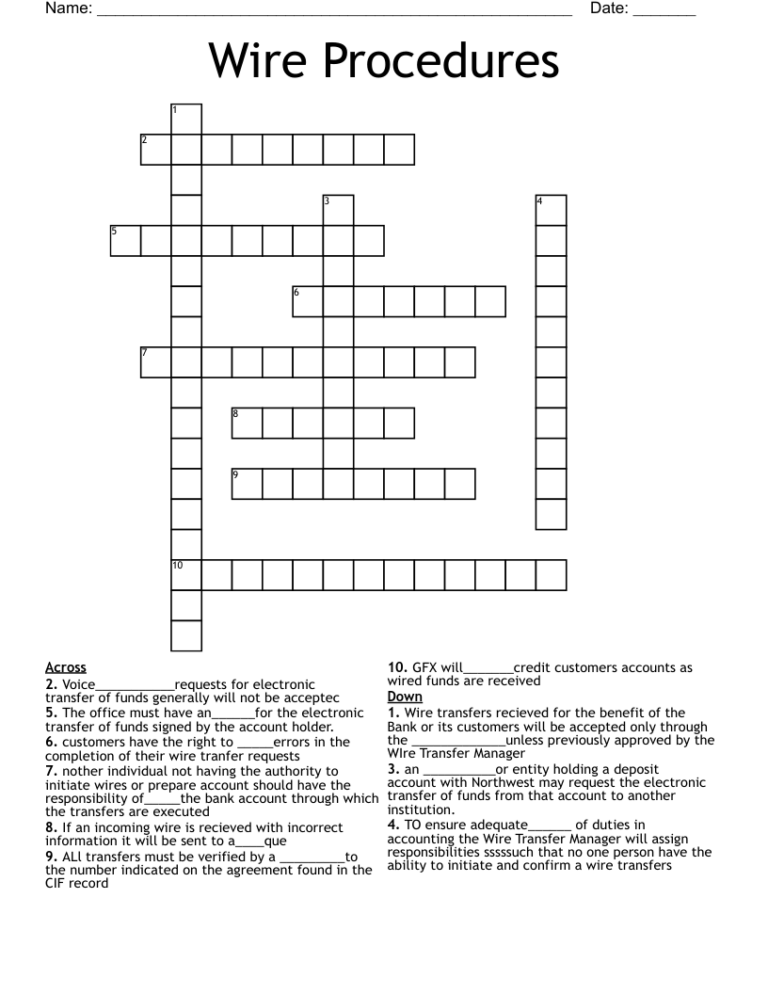 Wire Procedures Crossword WordMint