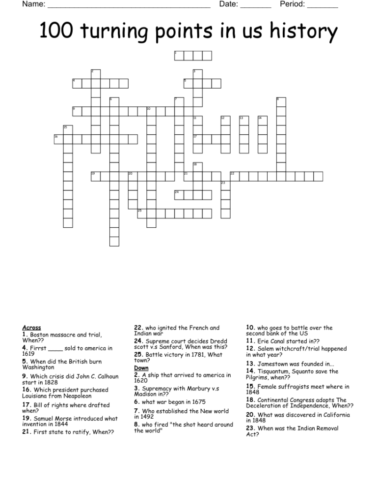 100 Turning Points In Us History Crossword WordMint